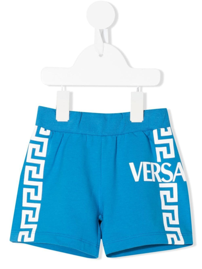 Versace Babies' Greca Logo-print Cotton Shorts In Blue