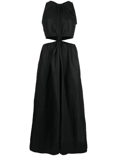 Faithfull The Brand Zeta Cutout-waist Gathered Linen Midi Dress In Black
