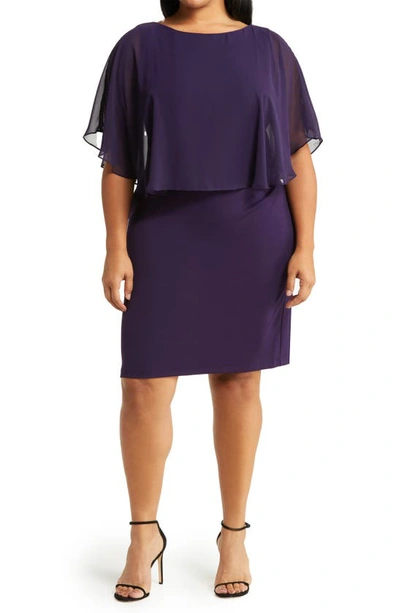 Connected Apparel Cape Sleeve A-line Dress In Eggplant