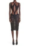 Mugler Cutout Tulle Midi Dress In Black / Nude 02