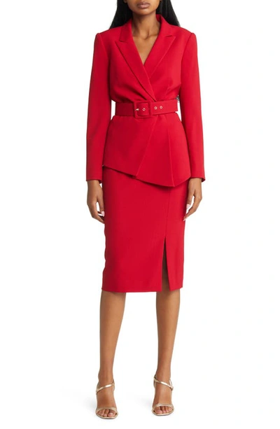 Tahari Asl Nested Belted Jacket And Skirt In Red