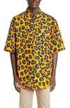 Versace Leopard Print Short Sleeve Cotton Button-up Shirt In Orange