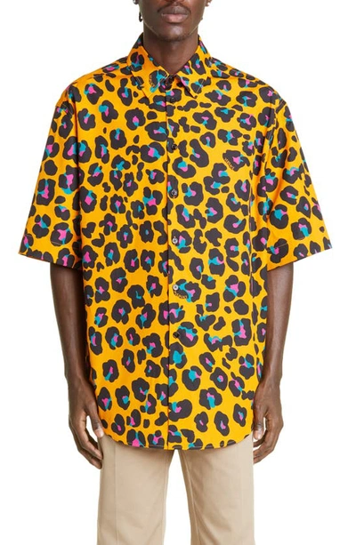 Versace Leopard Print Short Sleeve Cotton Button-up Shirt In Orange