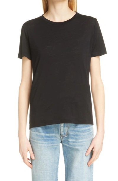 Saint Laurent Embroidered Logo Virgin Wool T-shirt In Nero