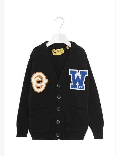 Off-white Kids' Initial-patch Knitted Cardigan In Black