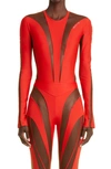 Mugler Illusion Long Sleeve Bodysuit In Red / Nude 02