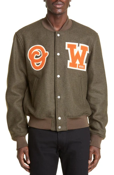 Off-white Ow Patch Varsity Bomber Jacket In Green Orange