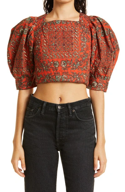 Ulla Johnson Anise Printed Puffed Sleeve Quilted Crop Top In Orange