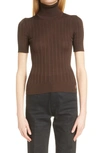 Saint Laurent Rib Short-sleeve Silk Turtleneck Sweater In Marron