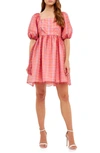 Endless Rose Checker Print Puff Sleeve Babydoll Minidress In Multi