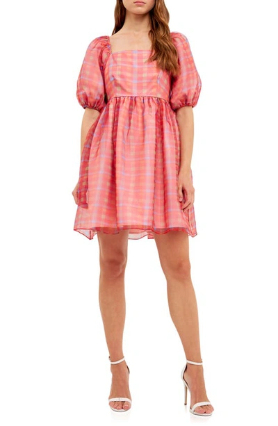 Endless Rose Checker Print Puff Sleeve Babydoll Minidress In Rose