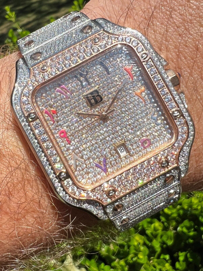 Pre-owned Hip Hop 14k Rose Gold Plated & Stainless Steel Real Mens Watch Iced Cz Arabic Dial