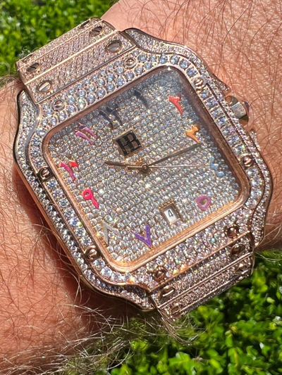 Pre-owned Hip Hop 14k Rose Gold Plated Stainless Steel Mens Watch Simulated Diamond  Arabic