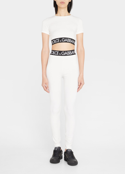 Dolce & Gabbana Short-sleeve Branded Elastic Cotton Crop Top In Bianco