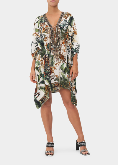 Camilla Short Lace-up Kaftan Coverup In Tiger Trap