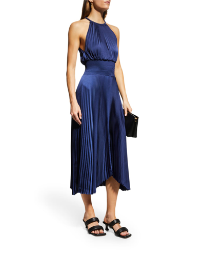 A.L.C RENZO II SATIN PLEATED HIGH-NECK MIDI DRESS