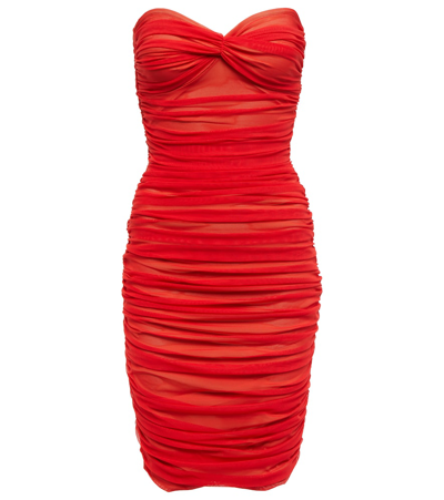 Norma Kamali Strapless Ruched Stretch-mesh Mini Dress In Red