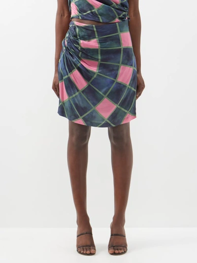 Ahluwalia Patel Cutout Draped Printed Matte-satin Mini Skirt In Pink