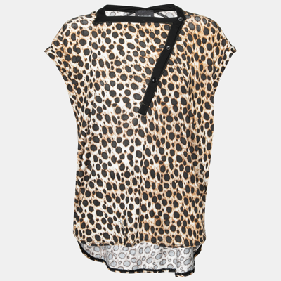 Pre-owned Just Cavalli Brown Leopard Printed Jersey Asymmetric Button Front Top Xs