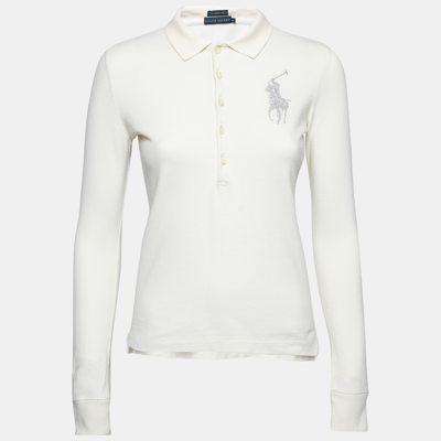 Pre-owned Ralph Lauren Cream Cotton Pique Logo Embellished Skinny Polo T-shirt Xs