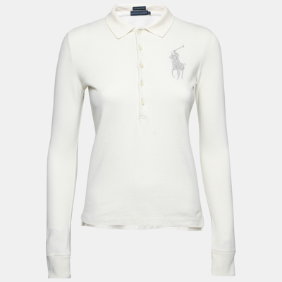 Pre-owned Polo Ralph Lauren Cream Cotton Pique Logo Embellished Skinny Polo T-shirt Xs
