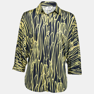 Pre-owned Moschino Cheap And Chic Navy Blue And Yellow Printed Jersey Dolman Sleeve Shirt S