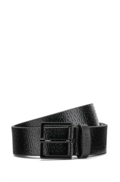 Hugo Italian-leather Belt With All-over Logo Pattern In Black