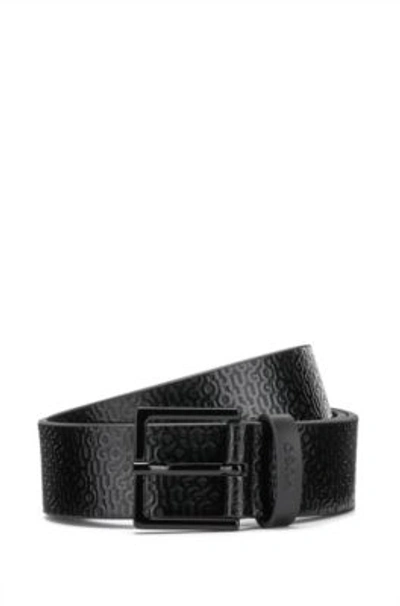 Hugo Boss Italian-leather Belt With All-over Logo Pattern In Black