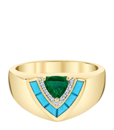 Emily P. Wheeler Yellow Gold, Diamond, Emerald And Turquoise Tiered Signet Ring