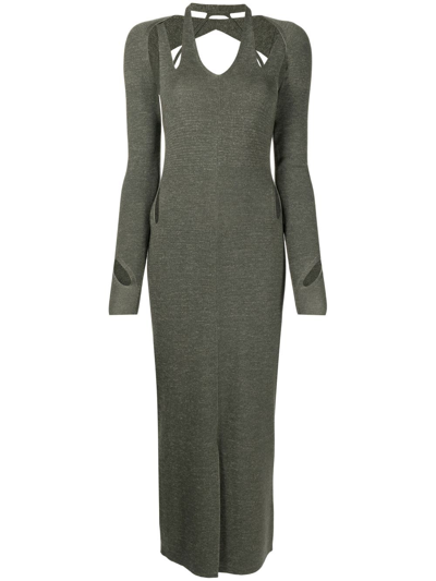 Dion Lee Cut-out V-neck Wool-blend Midi Dress In Shadow Green/fatigue