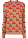 La Doublej Cherry Intarsia-knit Jumper In Camel/red