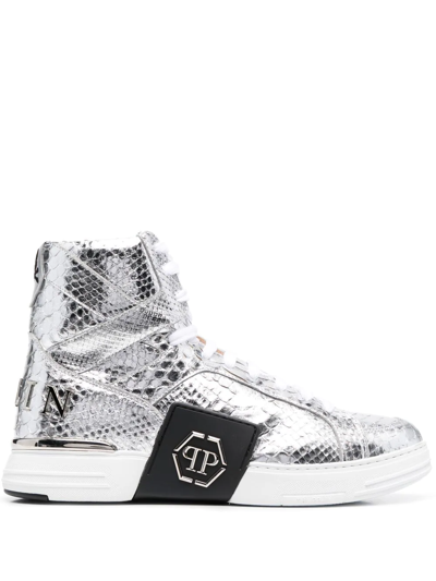 Philipp Plein Snakeskin-effect High-top Sneakers In Silber