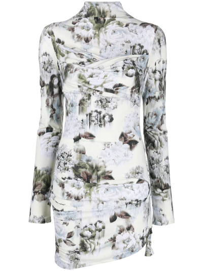 Off-white Floral Printed High Neck Dress In Grey