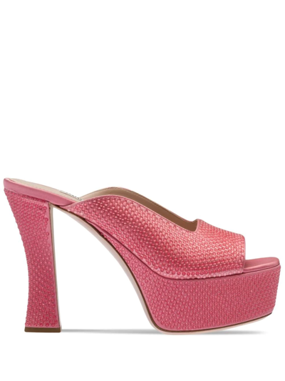 Miu Miu Satin Platform Sandals With Crystals In Geranium Pink
