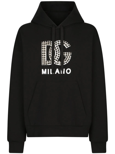 Dolce & Gabbana Technical Jersey Hoodie With Print And Studs In Black