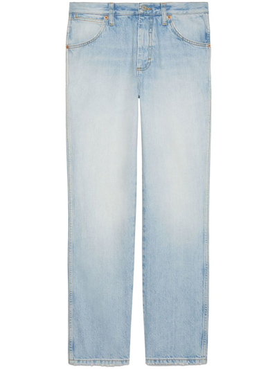 Gucci Logo-embroidered Washed-denim Jeans In Blue