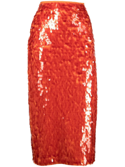 Rotate Birger Christensen Caitlin Sequined High-rise Midi Skirt In Orange