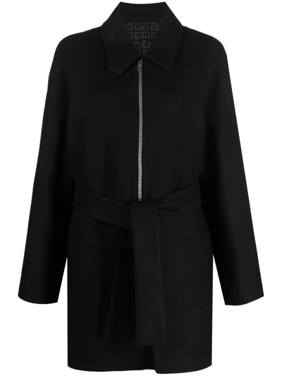 Givenchy Double Face Wool Blend Belted Zip Coat In Black