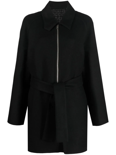 Givenchy Double Face Wool Blend Belted Zip Coat In Black Grey