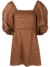 Faithfull The Brand Venezia Shirred Pintucked Linen Midi Dress In Braun