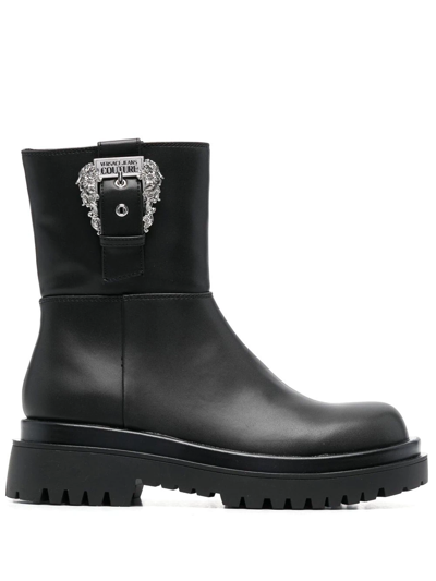 Versace Jeans Couture Buckled Round-toe Low-heel Boots In Black