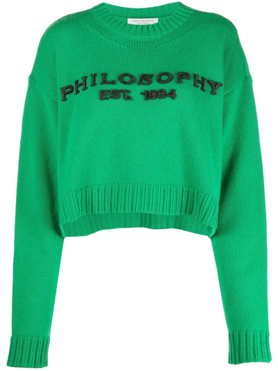 Philosophy Di Lorenzo Serafini Green Wool Cropped Sweater With Logo Philosophy By Lorenzo Serafini Woman