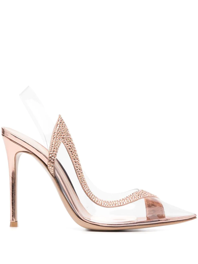 Gianvito Rossi Bronze Hortensia Pumps With Transparent Inserts And Crystal Embellishments For Women In Beige