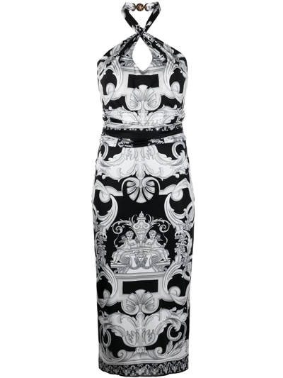 Versace Grey And Black Sheath Dress With Crisss-cross Neckline, Allover Barocco Pattern And Medusa Clasp Det