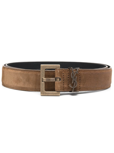 Saint Laurent Logo-plaque Leather Belt In Braun