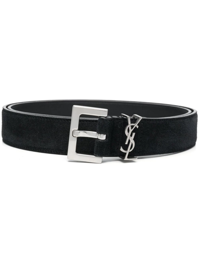 Saint Laurent Logo-plaque Leather Belt In Schwarz