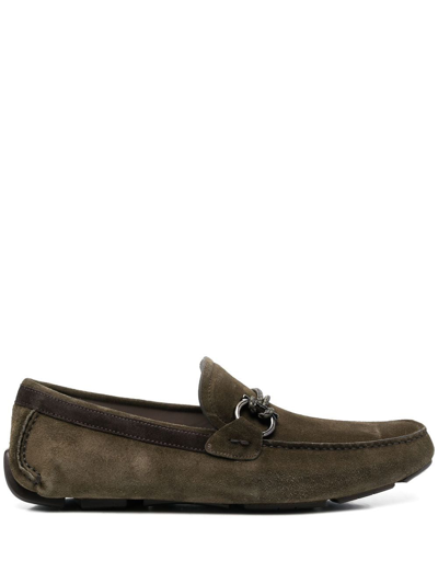 Ferragamo Almond-toe Suede Loafers In Green