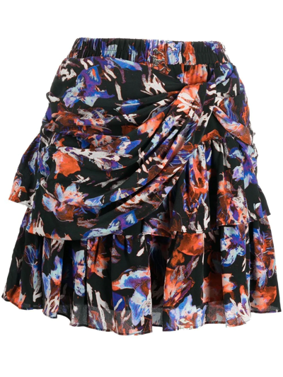 Iro Manae Printed Tiered Mini Skirt With Front Twist In Black Multi