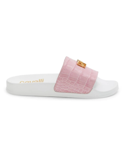 Cavalli Class Women's Croc Embossed Leather Pool Slides In Pink