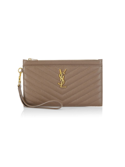 Saint Laurent Monogram Matelassé Leather Pouch In Taupe